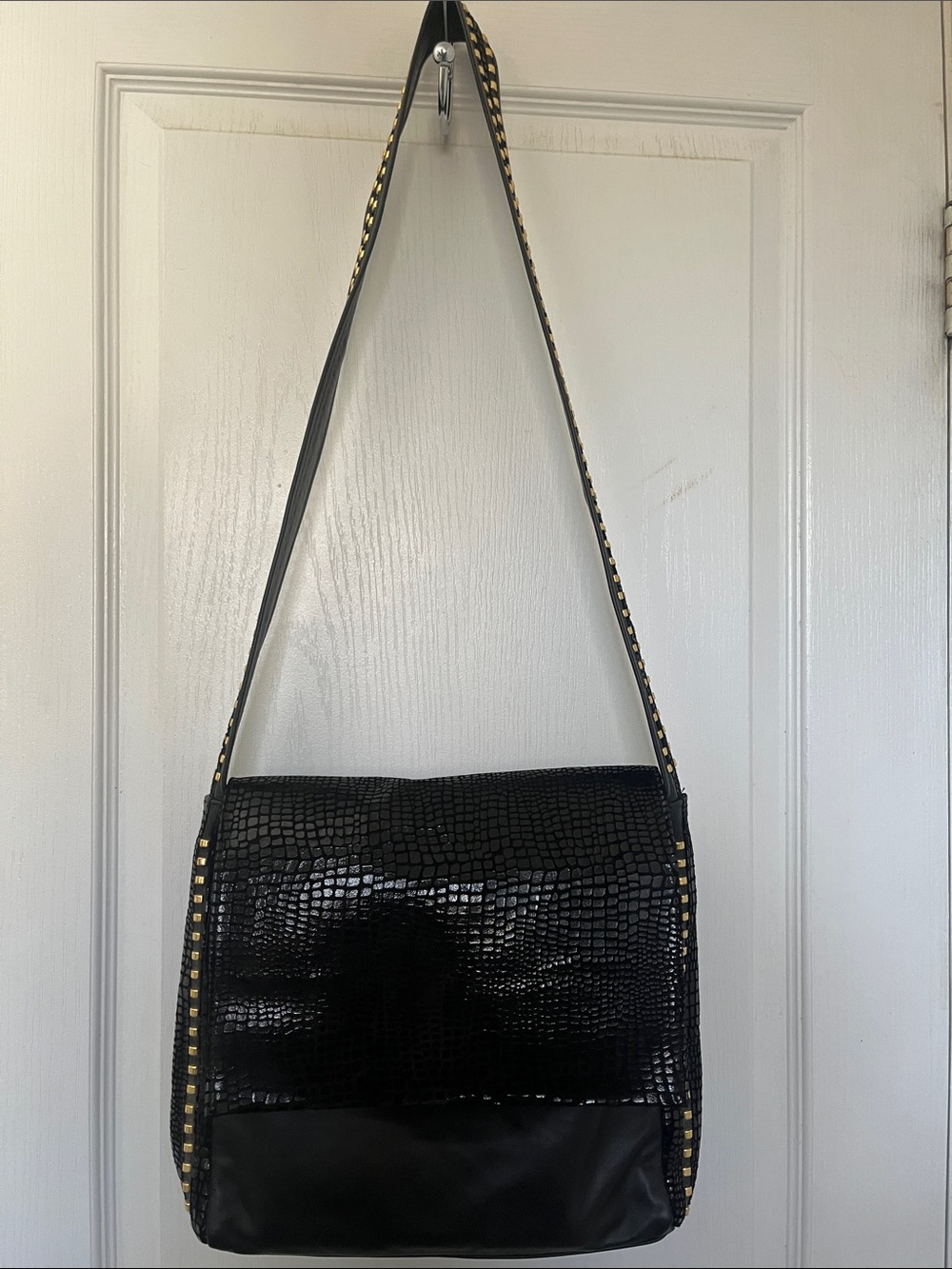 Black Croc-Embossed Leathers Crossbody with Gold Stud Trim